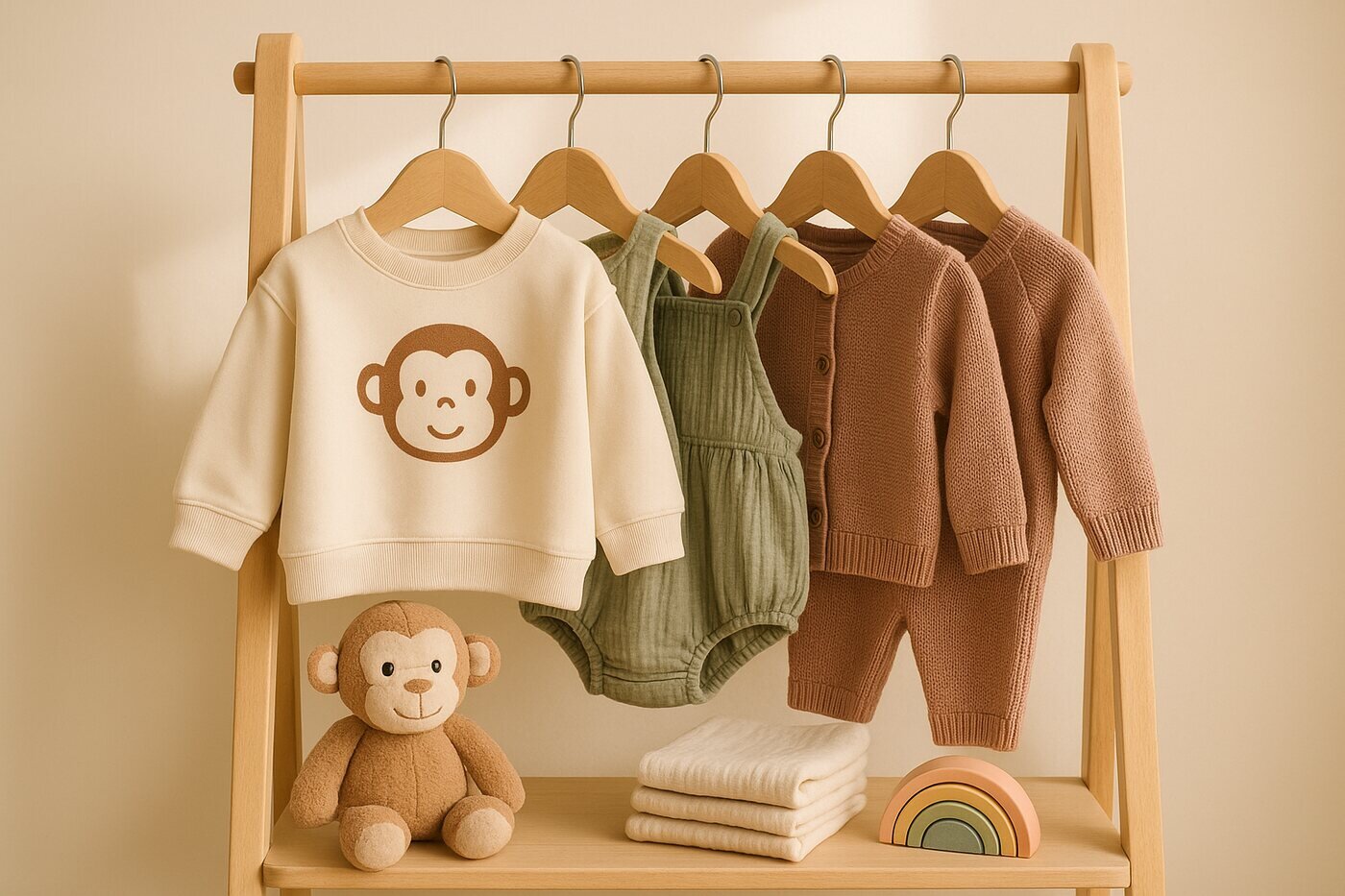 Babykleidung von Linni & Boo auf einer Kleiderstange, davor ein Plüsch-Äffchen